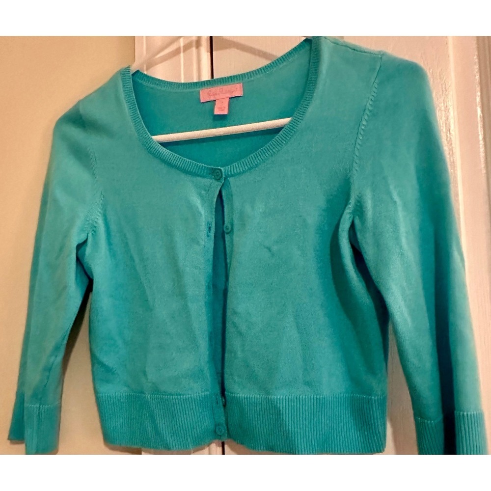 Lilly Pulitzer Womens Turquoise Blue Cropped Cardigan Sweater Cotton Small